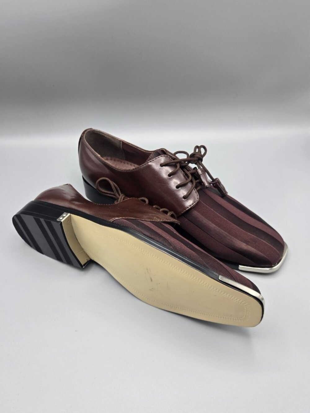 Hugo Vitelli Men's Brown Striped Dress Shoes Size 11 Square Toe Metal Tip Oxford - Picture 12 of 15